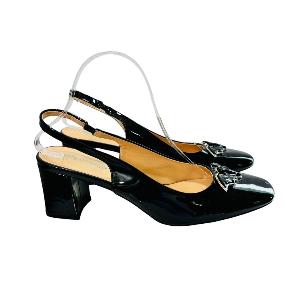 Bat Witchy Preppy Patent Leather Slingback Square Toe Pumps 10 Block Heel Black